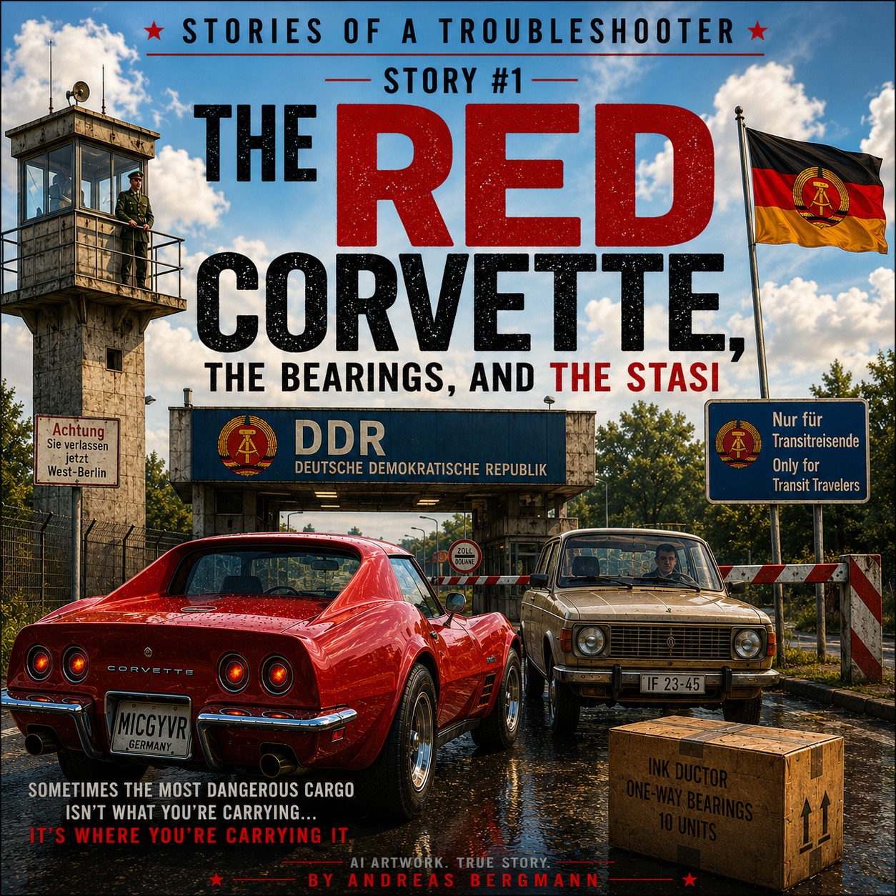 A red 1975 Corvette at an East German checkpoint